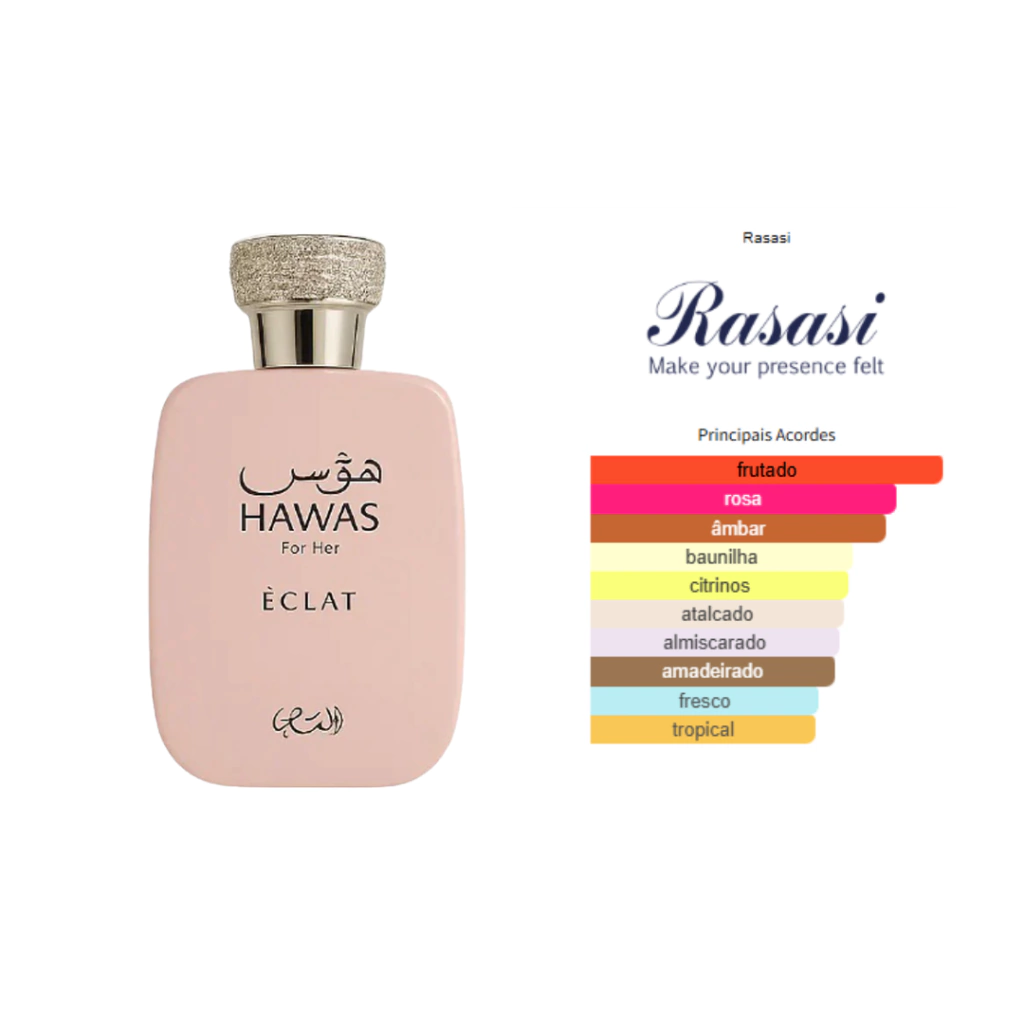 Pirâmide olfativa com notas de lichia, rosa e pistáchio do Rasasi Hawas Eclat EDP