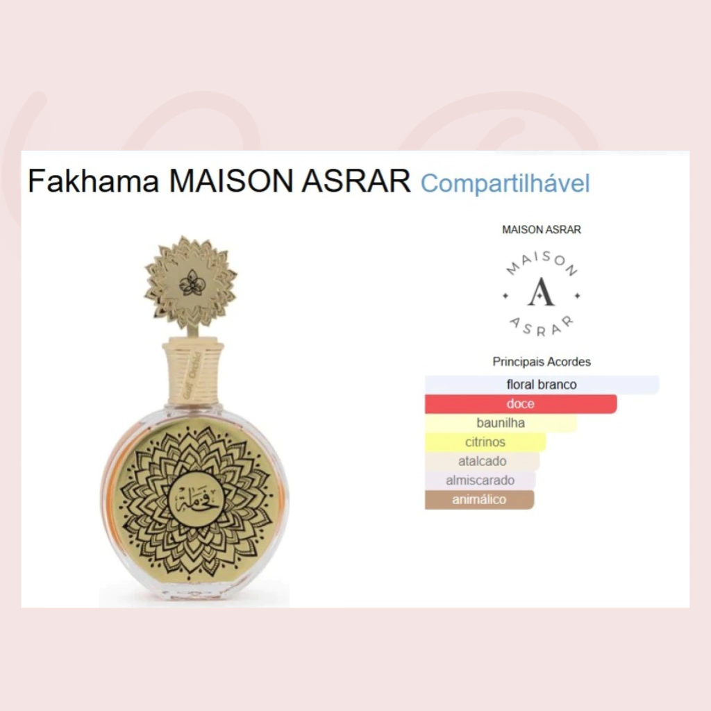 Pirâmide olfativa com notas de baunilha e flor de laranjeira do Maison Asrar Fakhama