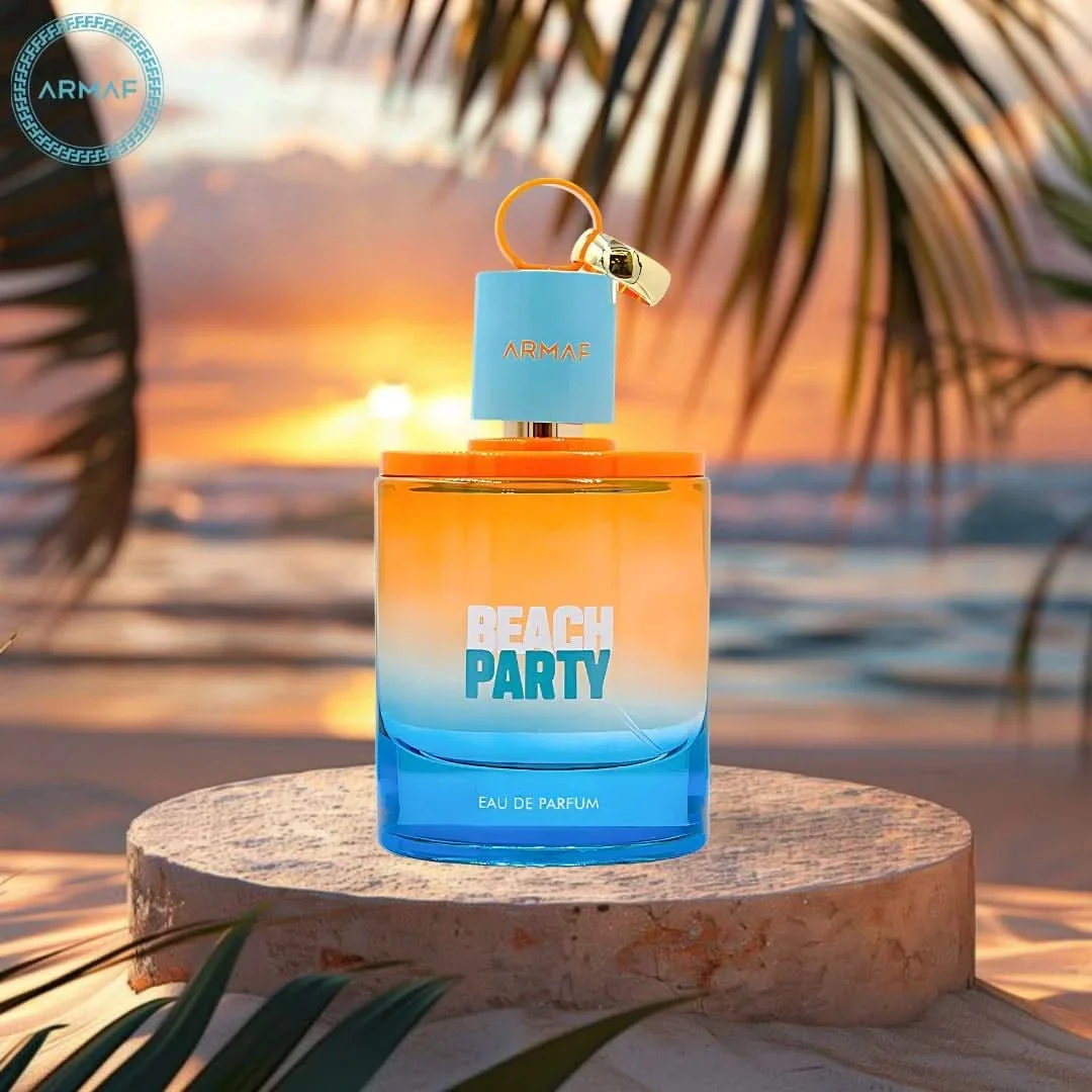 Detalhes da embalagem e do frasco do perfume Armaf Beach Party