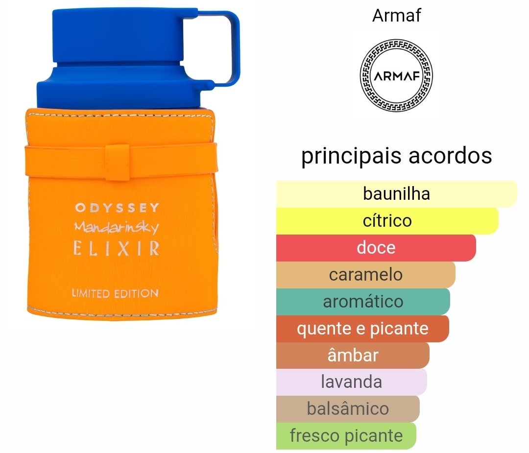 irâmide olfativa com notas de tangerina, caramelo e incenso do Odyssey Mandarin Sky Elixir