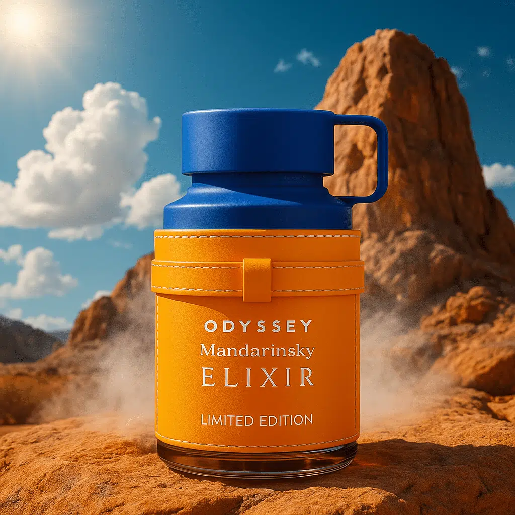 Detalhes da embalagem e acabamentos do Armaf Odyssey Mandarin Sky Elixir