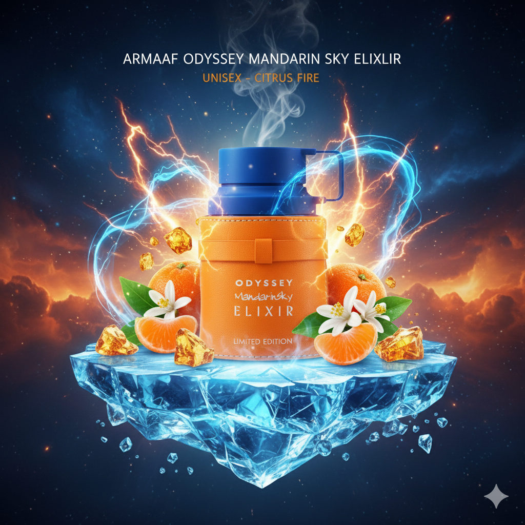 Perfume Armaf Odyssey Mandarin Sky Elixir num ambiente premium de toucador