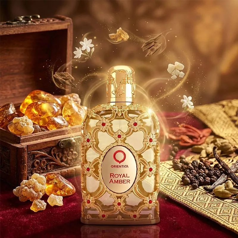 Perfume Orientica Royal Amber num ambiente de luxo e sofisticação