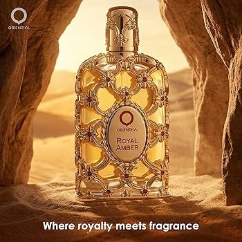 Detalhes do frasco dourado do perfume Orientica Royal Amber