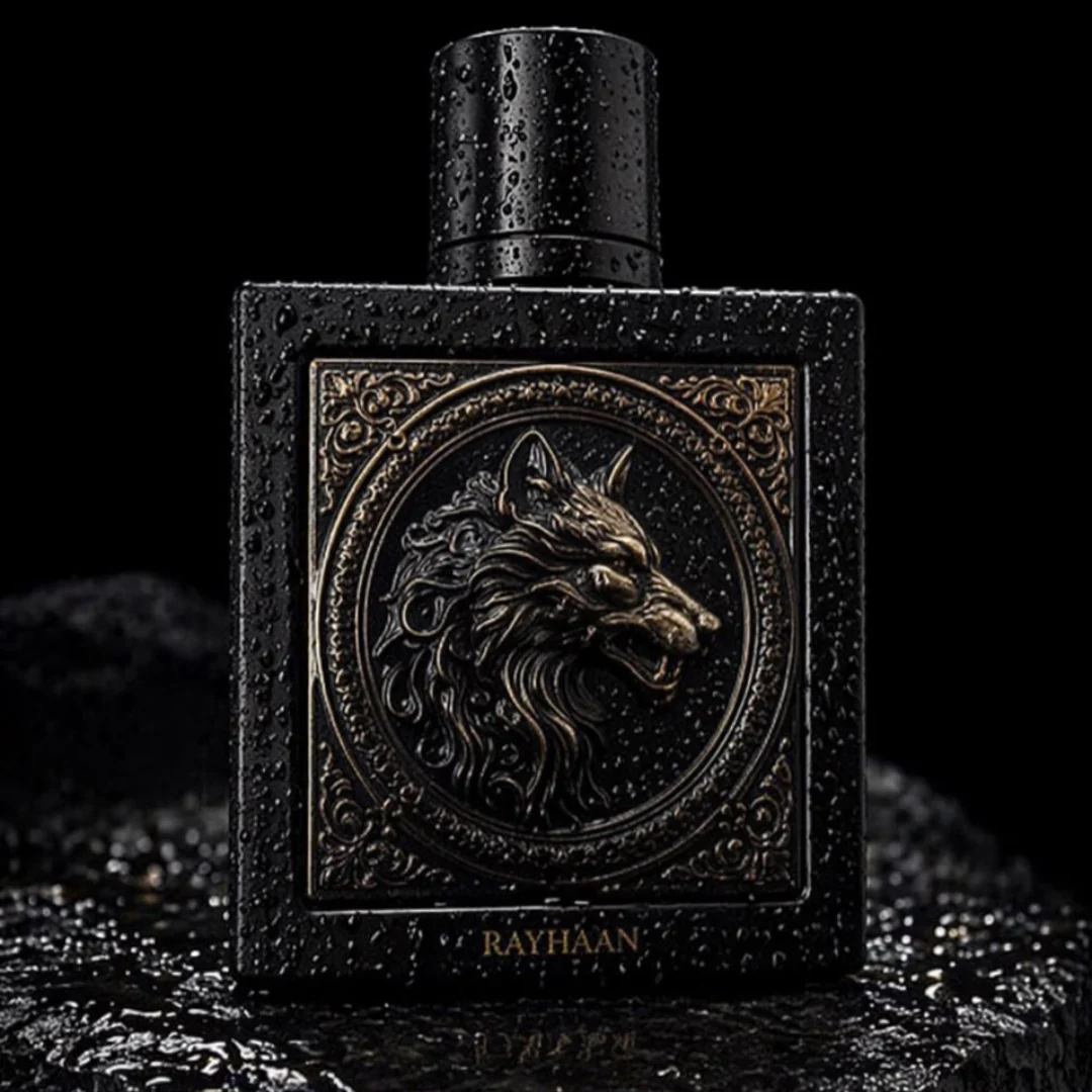 Detalhes do frasco e embalagem do perfume masculino Rayhaan Wolf