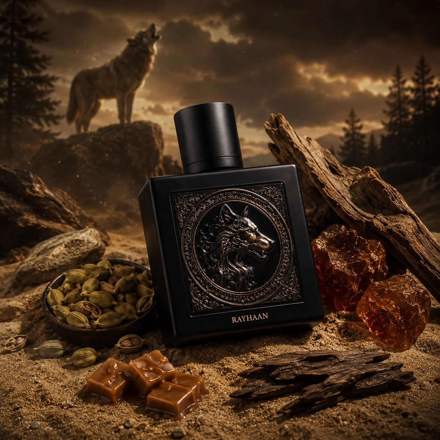Ingredientes gourmand e amadeirados inspiradores do perfume Rayhaan Wolf