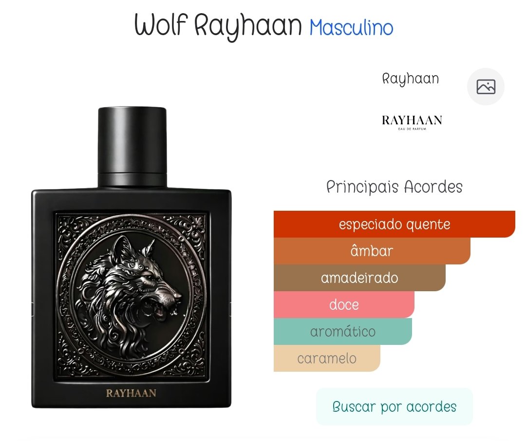 Pirâmide olfativa com notas de cardamomo, toffee e amberwood do Rayhaan Wolf