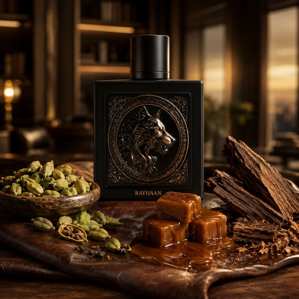 Perfume masculino Rayhaan Wolf num ambiente premium de toucador