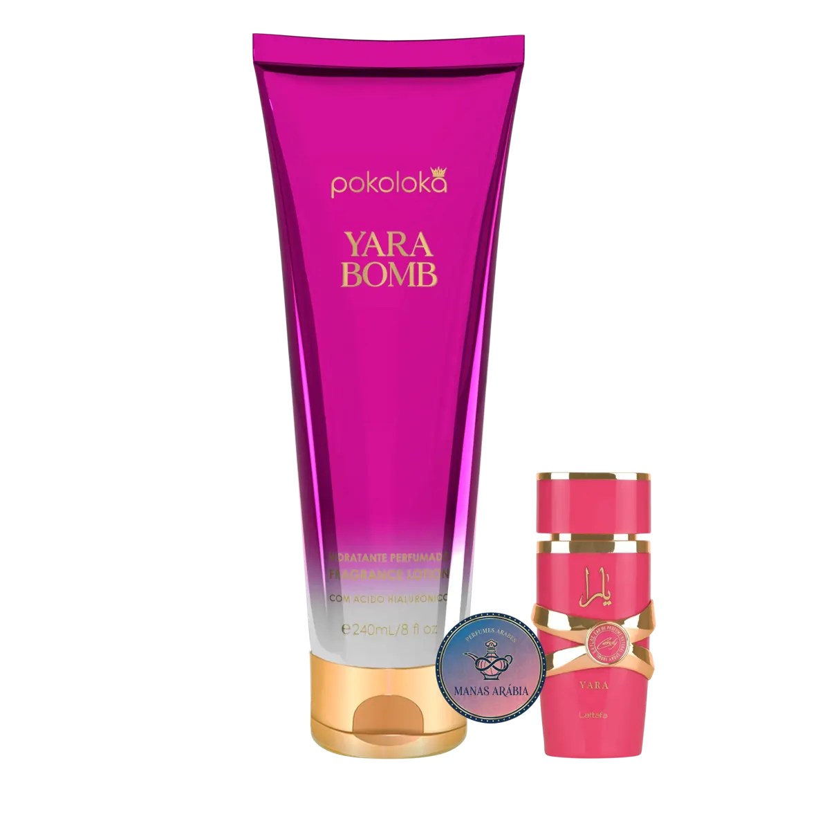 Embalagem do Hidratante Perfumado Luxury Yara Bomb Pokoloka 240ml - inspiração Yara Candy