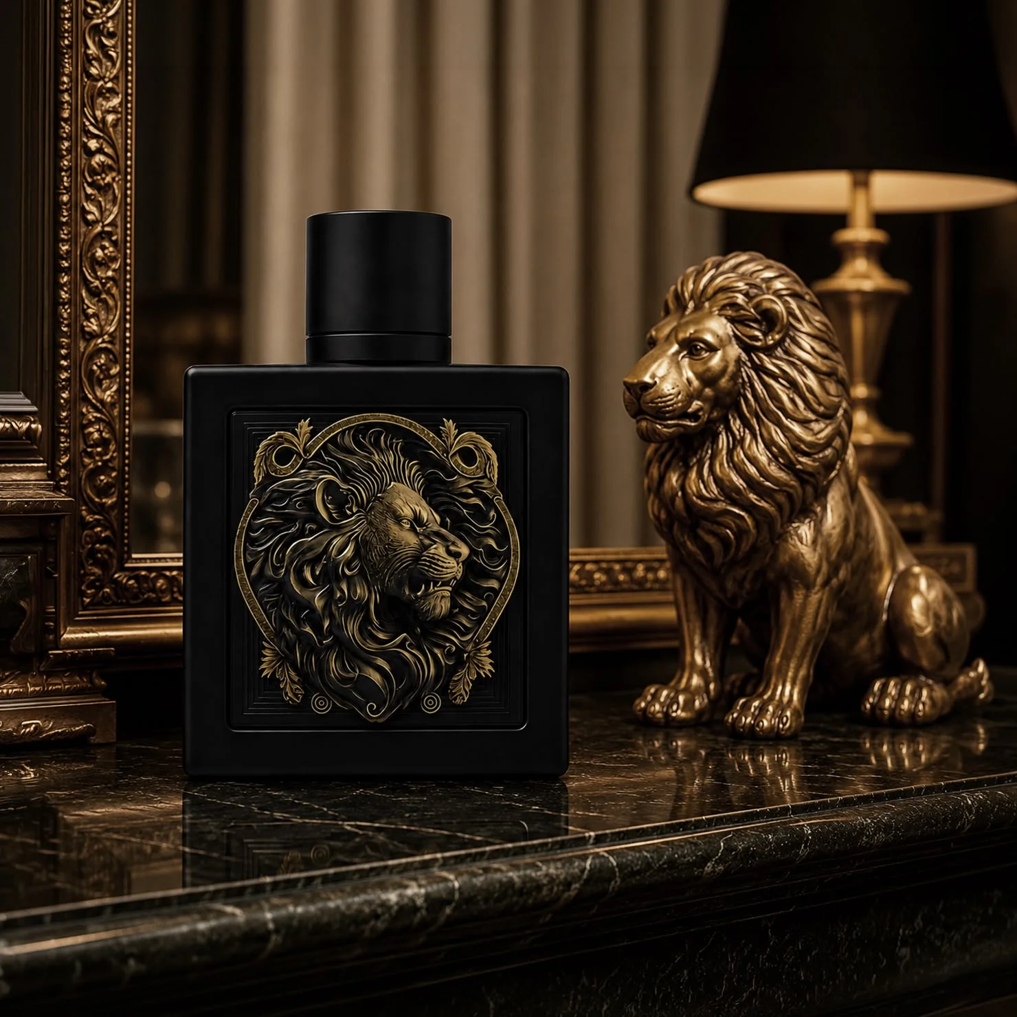 Detalhes da embalagem e do frasco do perfume Rayhaan Lion