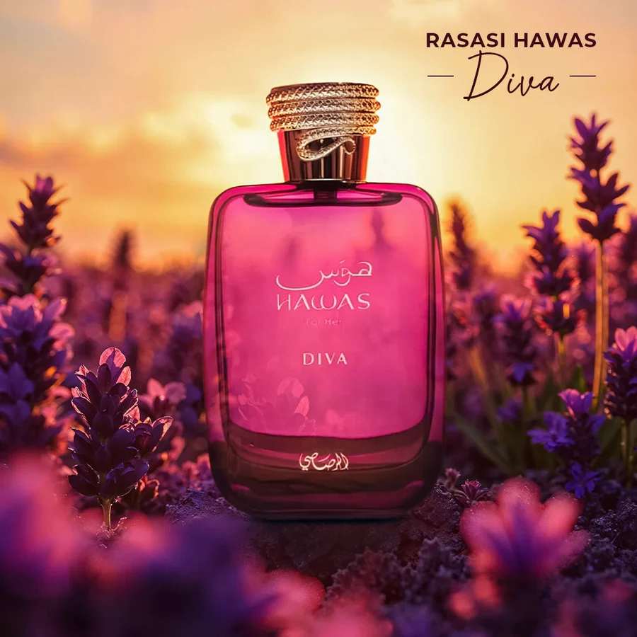 Perfume feminino Rasasi Hawas Diva num ambiente de luxo e sofisticação