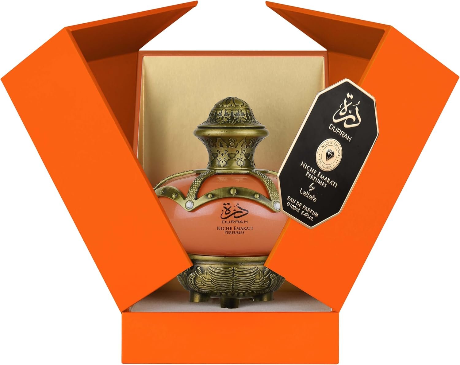Frasco do perfume unissexo Lattafa Niche Emarati Durrah Eau de Parfum de 100ml