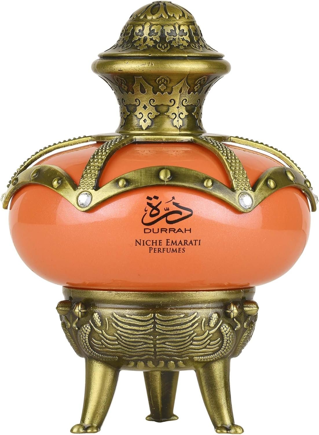 Detalhes da embalagem de luxo e do frasco do Niche Emarati Durrah