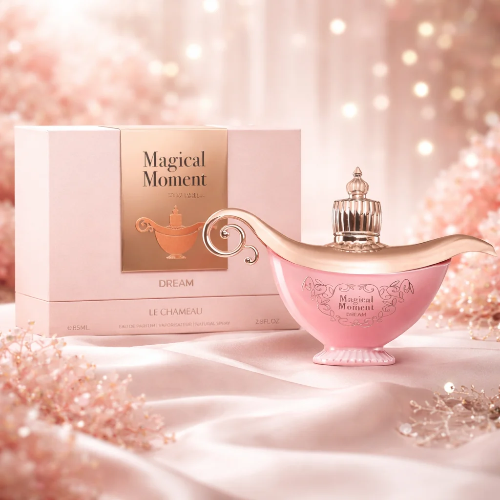 Perfume feminino Magical Moment Dream num ambiente de cuidado e elegância