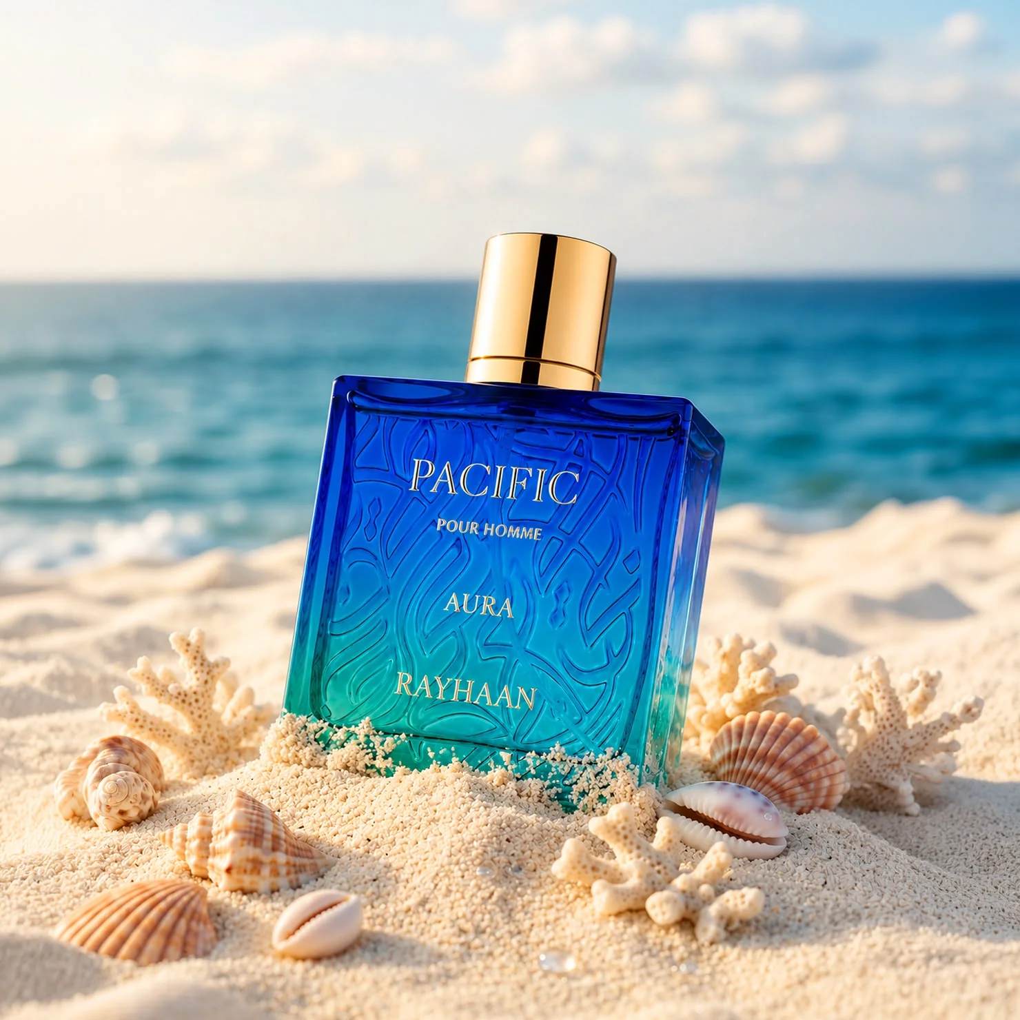 Detalhes da embalagem e do frasco do perfume Pacific Aura Rayhaan