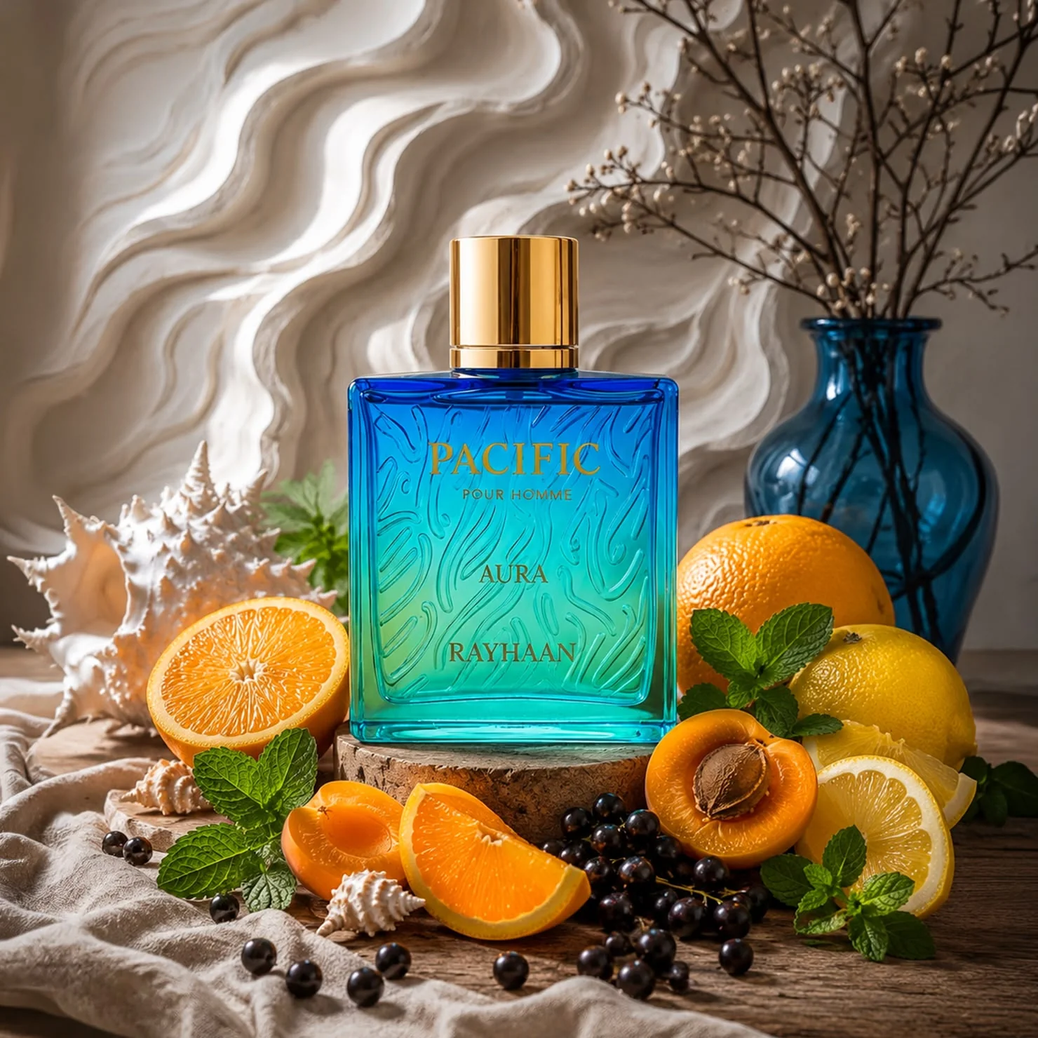 Perfume unissexo Pacific Aura Rayhaan num ambiente de verão e praia