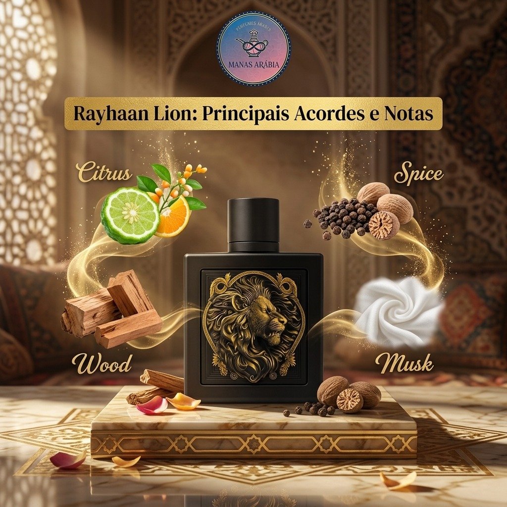 Pirâmide olfativa com notas de pera, canela e baunilha do Rayhaan Lion