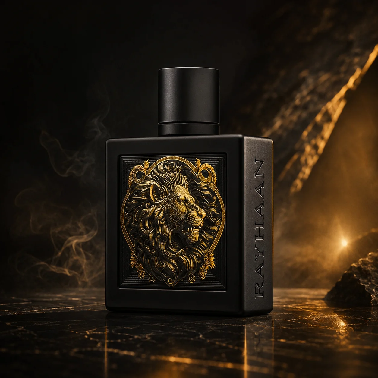 Perfume masculino Rayhaan Lion num ambiente de toucador elegante