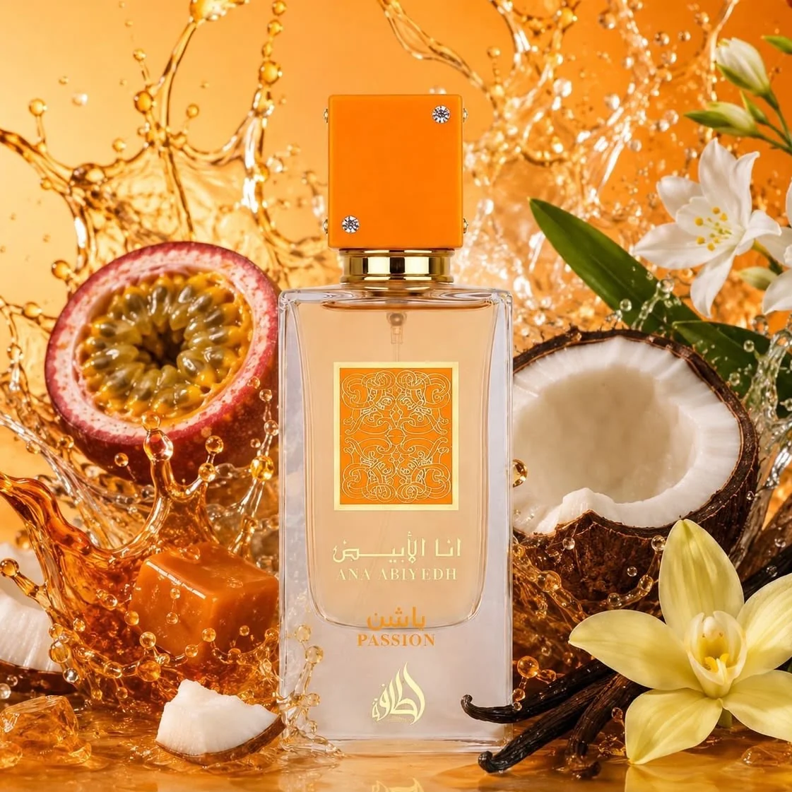 Ingredientes frutados e ambarados inspiradores do perfume Lattafa Ana Abiyedh Passion