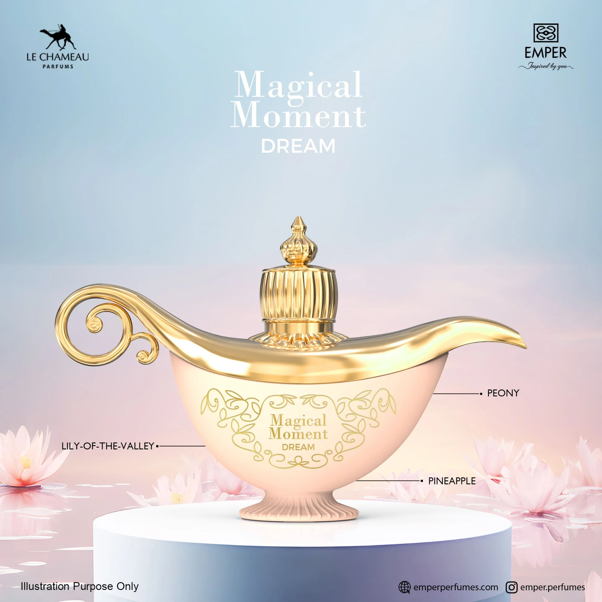 Detalhes da embalagem e do frasco do perfume Magical Moment Dream