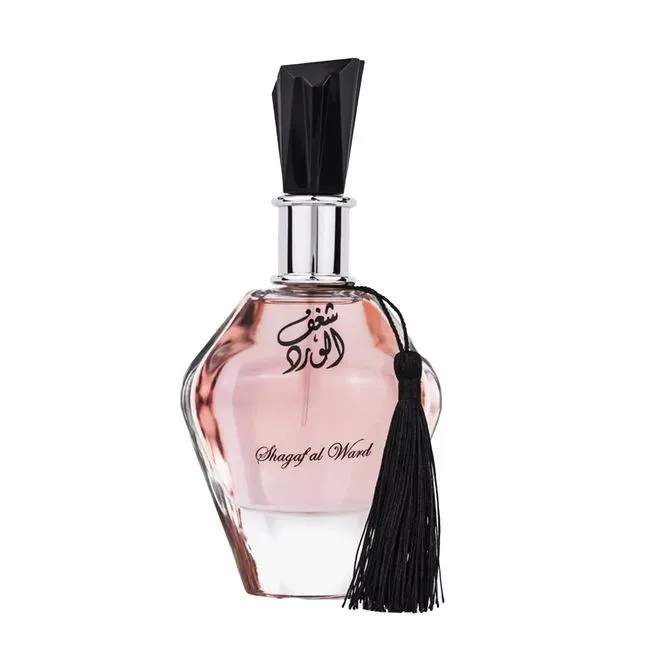 Detalhes da embalagem e acabamento dourado do perfume Shagaf Al Ward