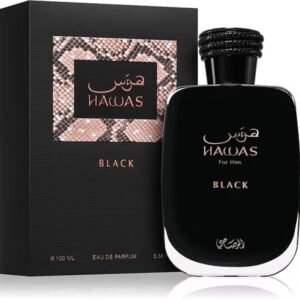 Caixa oficial elegante do perfume Rasasi Hawas Black 100ml.