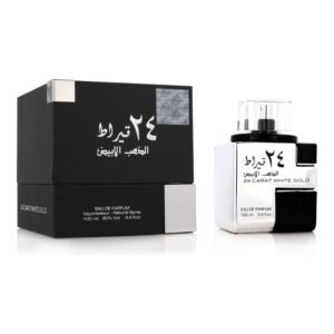 Frasco prateado e caixa preta do perfume árabe Lattafa 24 Carat White Gold 100ml