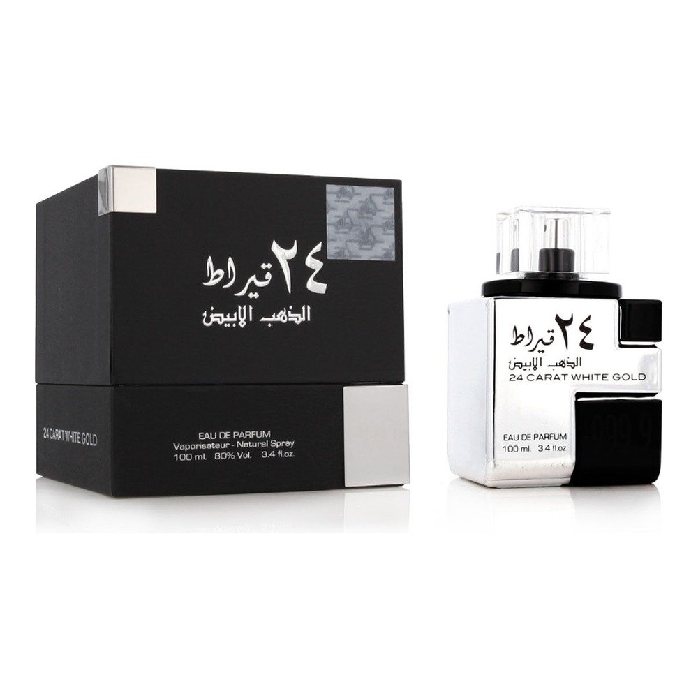 Frasco prateado e caixa preta do perfume árabe Lattafa 24 Carat White Gold 100ml