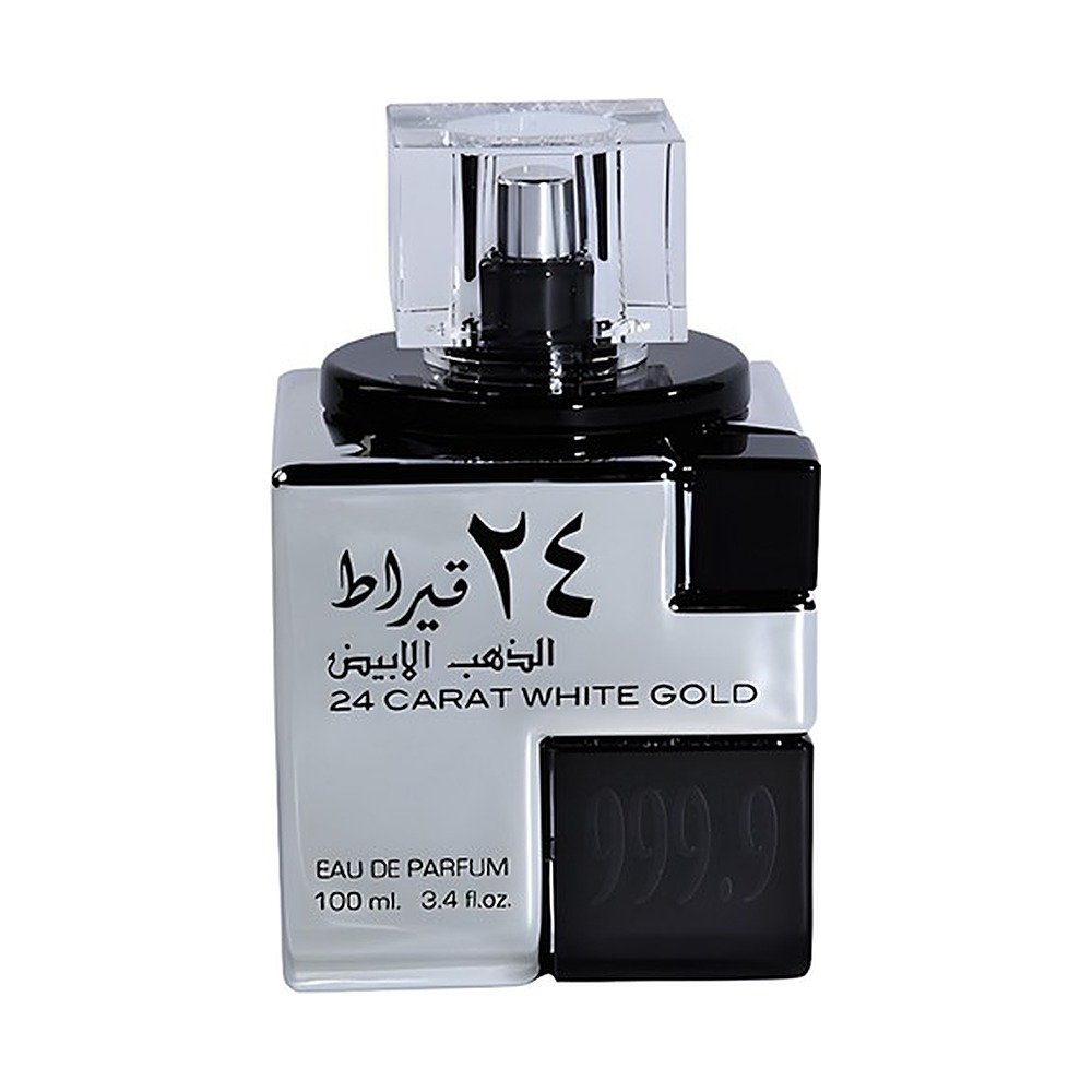 Frasco prateado e preto do perfume Lattafa 24 Carat White Gold Eau de Parfum 100ml