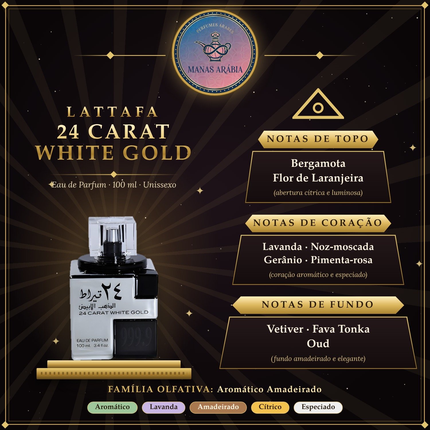 Pirâmide olfativa do Lattafa 24 Carat White Gold com bergamota, lavanda, vetiver e oud