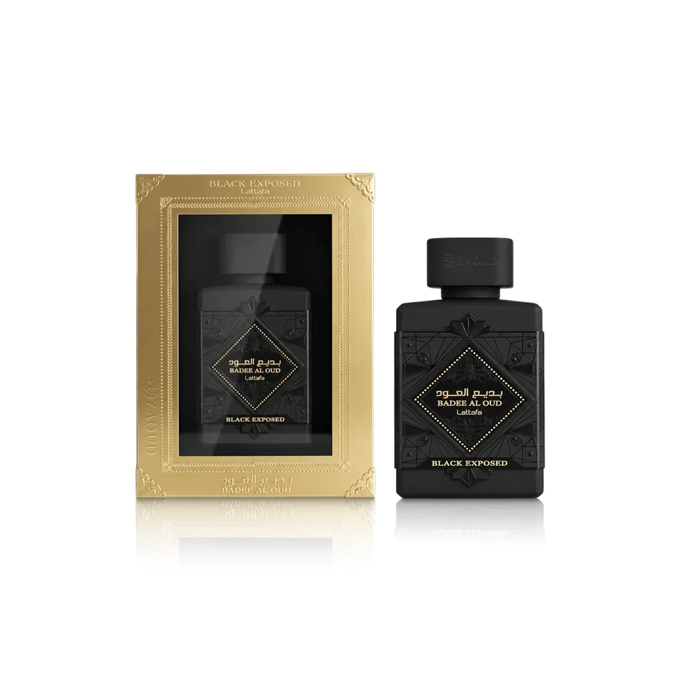 Bade'e Al Oud Black Exposed frasco e caixa