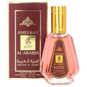Frasco de vidro elegante com líquido rosa do perfume feminino Ayat Ameerat Al Arabia 50ml