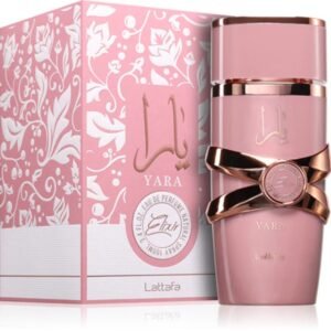 Frasco branco e dourado luxuoso do perfume feminino Lattafa Yara Elixir 100ml